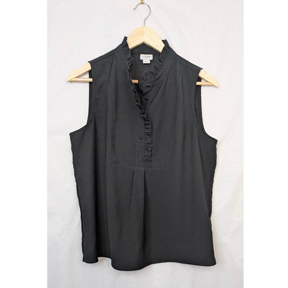 J.Crew Black Sleeveless Ruffle Neck Blouse Size 10 Career Office Shell Top